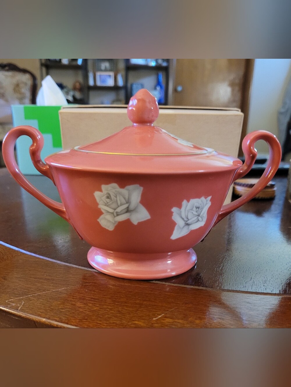 Vintage Noritake Coral Rose Covered Sugar Bowl. 1912 - 1940